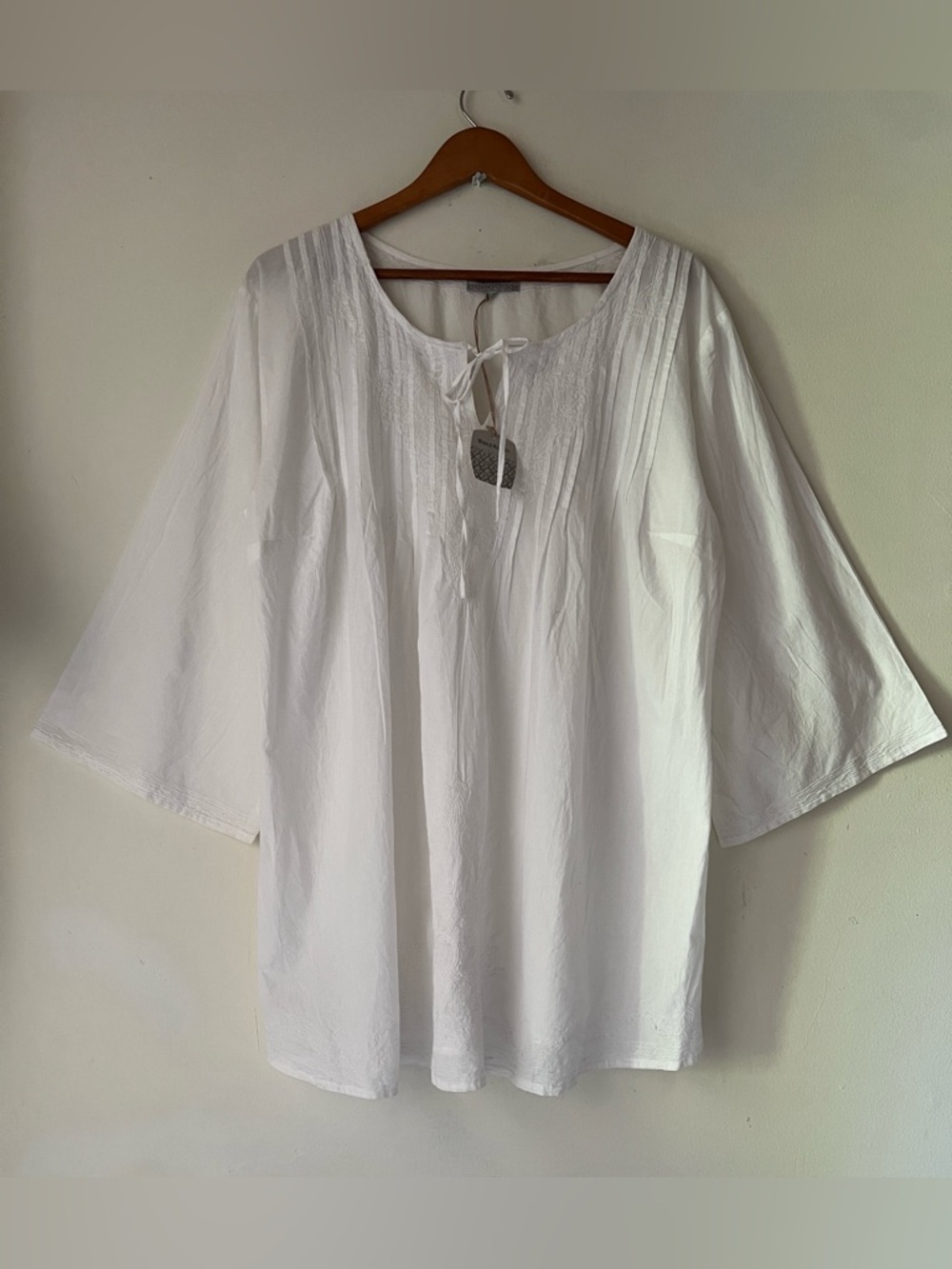 NWT World Market White Boho Peasant Tie-Neck Tunic Top Sz L/XL Cotton